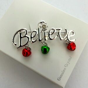 Vintage Believe Pin with Red and Green Bells